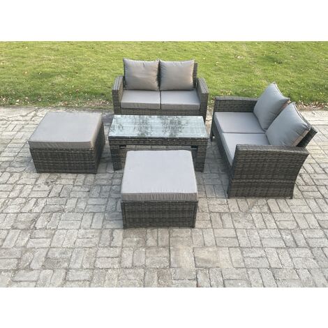 Fimous 5 Pieces Garden Furniture Sets Poly Rattan Outdoor Patio Furniture PE Wicker Furniture Set with 2 Big Footstool Loveseat and Table for Garden Backyard Dark Grey Mixed