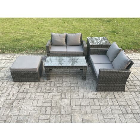 Fimous 5 Pieces Garden Furniture Sets Poly Rattan Outdoor Patio Furniture PE Wicker Furniture Set with Big Footstool Loveseat and Table for Garden Backyard Dark Grey Mixed