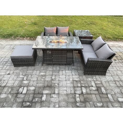 Fimous 5 Pieces Garden Furniture Sets Poly Rattan Outdoor Patio Gas Firepit Dining Table Sofa Set with Side Table Big Footstool