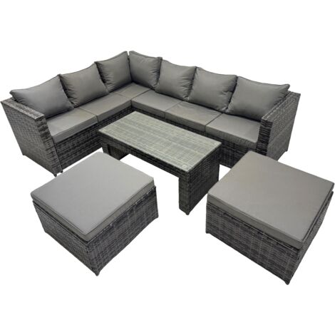Fimous 5 Pieces Outdoor PE Rattan Garden Furniture Corner Sofa Oblong Coffee Table Set with Cushions 2 Big Footstools Dark Grey Mixed