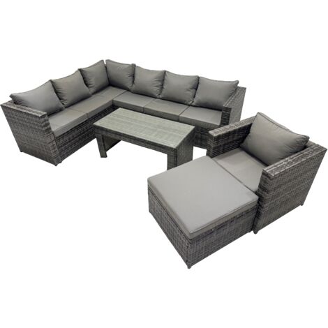Fimous 5 Pieces Outdoor PE Rattan Garden Furniture Corner Sofa Oblong Coffee Table Set with Cushions Big Footstool Dark Grey Mixed
