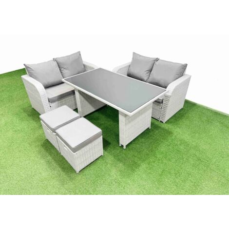 Fimous 5 Pieces Outdoor PE Rattan Sofa Set Patio Garden Furniture Sets with Cushions 2 Small Stools Light Grey