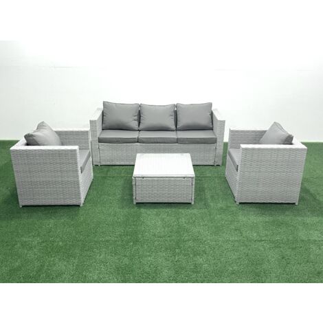 Fimous 5 places Salon de jardin avec Canapé 3 places 2 Chaise Table basse carrée Gris clair mixte