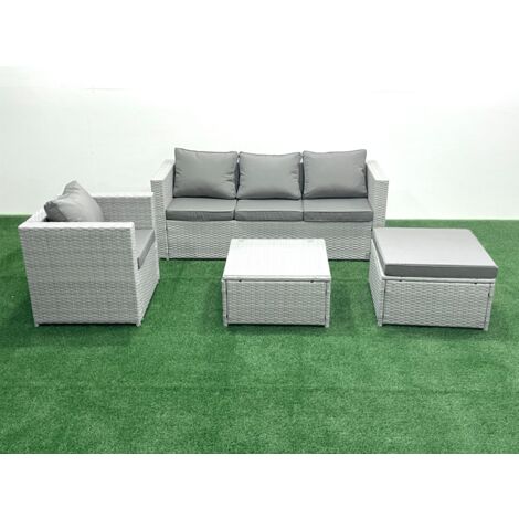 Fimous 5 places Salon de jardin avec Canapé 3 places Chaise Table basse carrée Grand tabouret Gris clair mixte