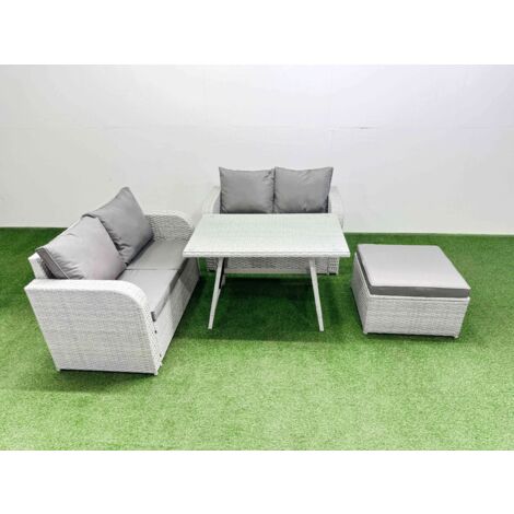 Fimous 5 Seat Outdoor Love Sofa Set Rattan Garden Furniture Set with Rectangular Dining Table Big Footstool Light Grey