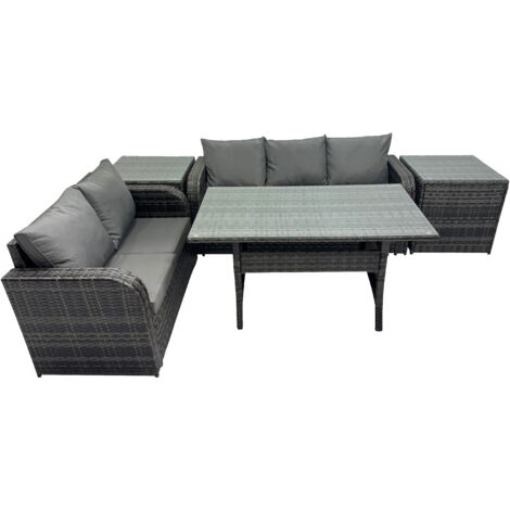 Fimous 5 Seat Outdoor Wicker PE Rattan Garden Furniture Set Dining Table Sofa Sets with 2 Side Tables Dark Grey Mixed