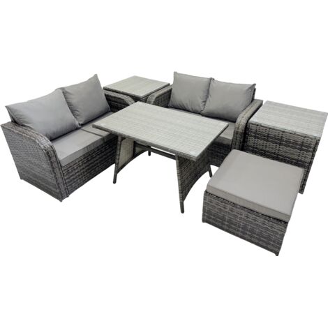 Fimous 5 Seater Garden Outdoor Rattan Furniture Set Rattan Sofa Oblong Dining Table with 2 Side Table Dark Grey