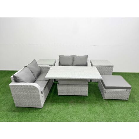 Fimous 5 Seater Outdoor Love Sofa Set Rattan Garden Furniture Set with Adjustable Lifting Dining or Coffee Table Big Footstool 2 Side Tables Light Grey