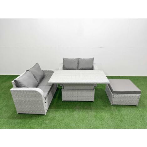 Fimous 5 Seater Outdoor Love Sofa Set Rattan Garden Furniture Set with Adjustable Lifting Dining or Coffee Table Big Footstool Light Grey