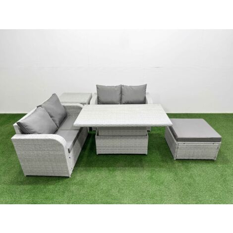 Fimous 5 Seater Outdoor Love Sofa Set Rattan Garden Furniture Set with Adjustable Lifting Dining or Coffee Table Big Footstool Side Table Light Grey