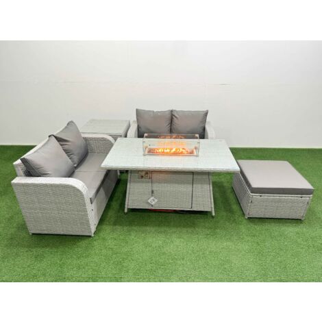 Fimous 5 Seater Outdoor Love Sofa Set Rattan Garden Furniture Set with Firepit Dining Table Big Footstool Side Table Light Grey