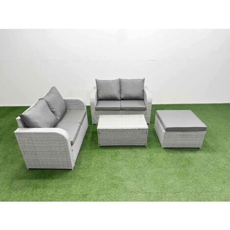 Fimous 5 Seater Outdoor Love Sofa Set Rattan Garden Furniture Set with Rectangular Coffee Table Big Footstool Light Grey