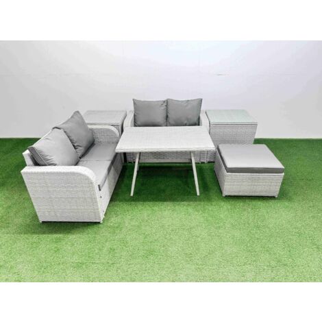 Fimous 5 Seater Outdoor Love Sofa Set Rattan Garden Furniture Set with Rectangular Dining Table 2 Side Tables Big Footstool Light Grey