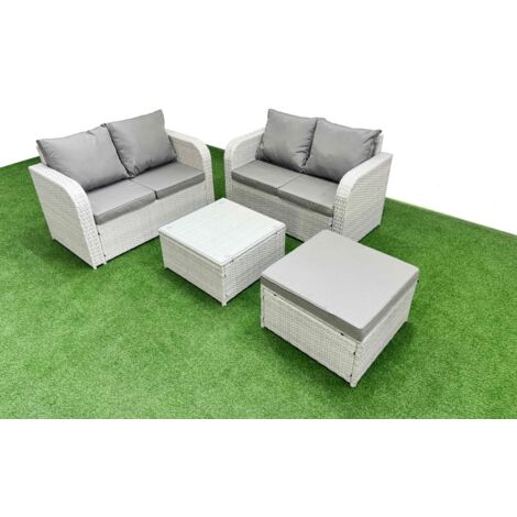 Fimous 5 Seater Outdoor Love Sofa Set Rattan Garden Furniture Set with Square Coffee Table Big Footstool Light Grey
