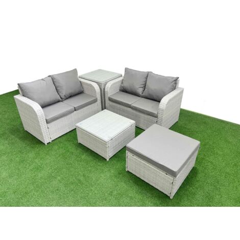 Fimous 5 Seater Outdoor Love Sofa Set Rattan Garden Furniture Set with Square Coffee Table Big Footstool Side Table Light Grey