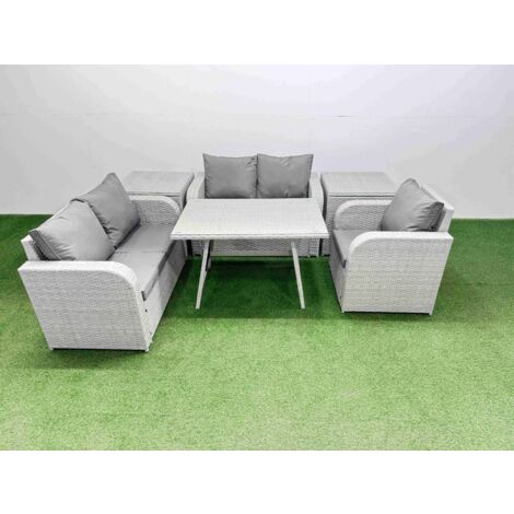 Fimous 5 Seater Outdoor Rattan Garden Furniture Set Love Sofa Reclining Chair Set with Rectangular Dining Table 2 Side Tables Light Grey