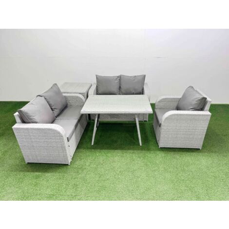 Fimous 5 Seater Outdoor Rattan Garden Furniture Set Love Sofa Reclining Chair Set with Rectangular Dining Table Side Table Light Grey