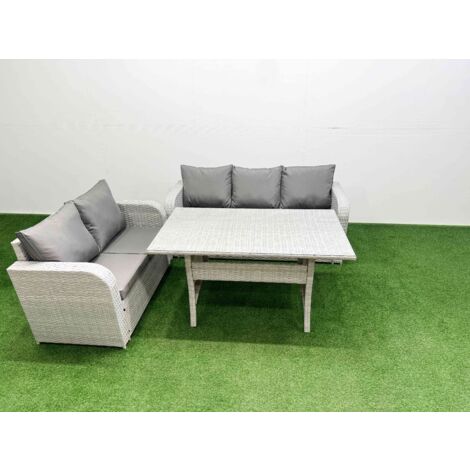 Fimous 5 Seater PE Rattan Wicker Garden Furniture Patio Conservatory Sofa Set with Rectangular Dining Table 3 Seater Sofa Love Sofa