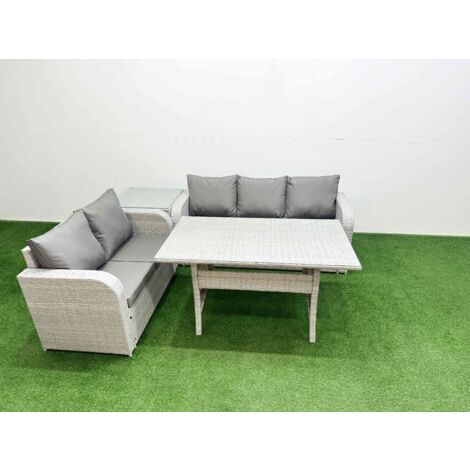 Fimous 5 Seater PE Rattan Wicker Garden Furniture Patio Conservatory Sofa Set with Rectangular Dining Table 3 Seater Sofa Love Sofa Side Table