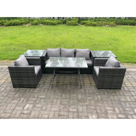 Fimous 5-Sitzer Gartenmöbel Lounge Sofa Set mit Rechteckiger Esstisch 2 Sesseln 2 Beistelltischen Dunkelgrau Gemischt