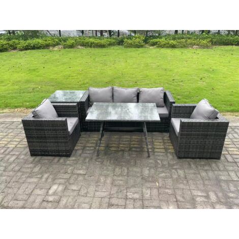 Fimous 5-Sitzer Gartenmöbel Lounge Sofa Set mit Sofa Rechteckiger Esstisch Sesseln Beistelltisch Dunkelgrau Gemischt