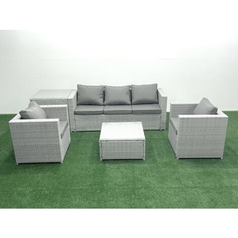 Fimous 5-Sitzer Polyrattan Gartenmöbel Set mit 3-Sitzer Sofa 2 Sesseln Quadratischer Couchtisch Beistelltisch Hellgrau gemischt