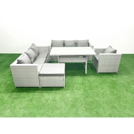 Fimous 5 Stücke Rattan Garten Sofa Set mit Kissen Terrassen Gartenmöbel Sets mit Sessel Esstisch Großer Fußhocker