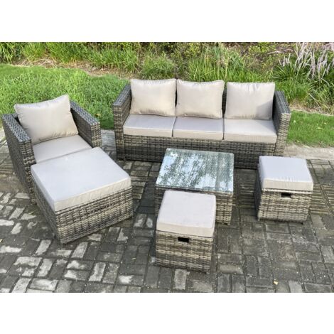 Fimous 6 PCS Ensemble de meubles de jardin en rotin avec Fauteuil Table basse carrée 3 Petits poufs Mélange gris foncé
