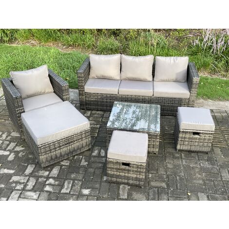 Fimous 6 PCS Lounge Sofa Set Wicker PE Rattan Gartenmöbel Set mit Sessel Quadratischer Couchtisch 3 Kleine Fußhocker Dunkelgrau Gemischt
