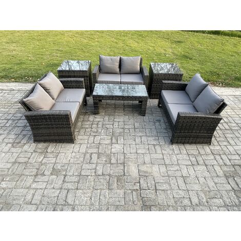 Fimous 6 PCS Outdoor Lounge Sofa Set Wicker PE Rattan Garden Furniture Set with Coffee Table Double Seater Sofa 2 Side Tables Dark Grey Mixed