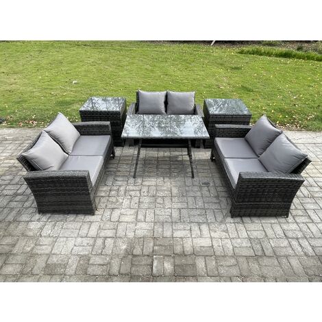 Fimous 6 PCS Outdoor Lounge Sofa Set Wicker PE Rattan Garden Furniture Set with Rectangular Dining Table Love Seat Sofa 2 Side Tables Dark Grey Mixed
