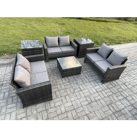 Fimous 6 PCS Outdoor Lounge Sofa Set Wicker PE Rattan Garden Furniture Set with Square Coffee Table Double Seat Sofa 2 Side Tables Dark Grey Mixed