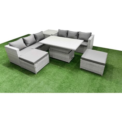 Fimous 6 PCs Rising Dining Table Set Rattan Furniture Set with 3 Seater Sofa 2 Big Footstools Side Table Light Grey