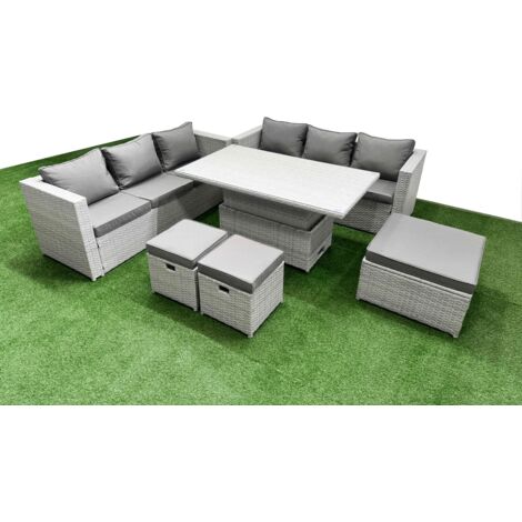 Fimous 6 PCs Rising Dining Table Set Rattan Furniture Set with 3 Seater Sofa 2 Small Footstools Big Footstool Light Grey