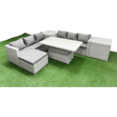 Fimous 6 PCs Rising Dining Table Set Rattan Furniture Set with 3 Seater Sofa Big Footstool 2 Side Tables Light Grey