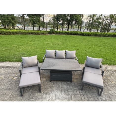 Fimous 6-Piece Aluminium Garden Furniture Sets 7 Seater Outdoor Sofa Set with Adjustable Rising Lifting Dining Table 2 Chairs 2 Big Footstools