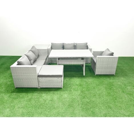 Fimous 6 Pièces Ensemble de canapés de jardin en rotin avec coussin avec Fauteuil Table à manger Table d'appoint Grands Tabouret