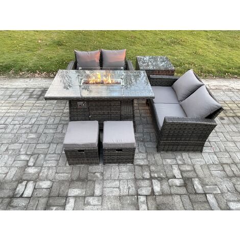 Fimous 6 Pieces Garden Furniture Sets Poly Rattan Outdoor Patio Gas Firepit Dining Table Sofa Set with Side Table 2 Small Footstools