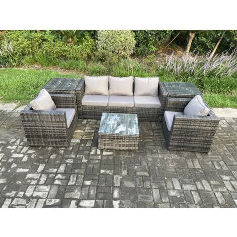 Fimous 6 Pièces Mobilier de jardin extérieur en rotin avec Fauteuil 2 Tables d'appoint Table basse carrée Mélange gris foncé