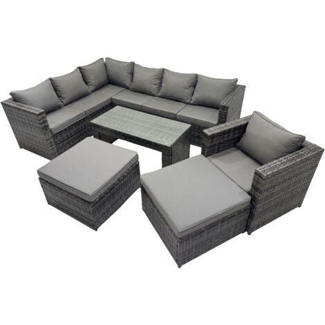 Fimous 6 Pieces Outdoor PE Rattan Garden Furniture Corner Sofa Oblong Coffee Table Set with Cushions 2 Big Footstools Dark Grey Mixed