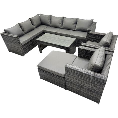 Fimous 6 Pieces Outdoor PE Rattan Garden Furniture Corner Sofa Oblong Coffee Table Set with Cushions Big Footstool Dark Grey Mixed