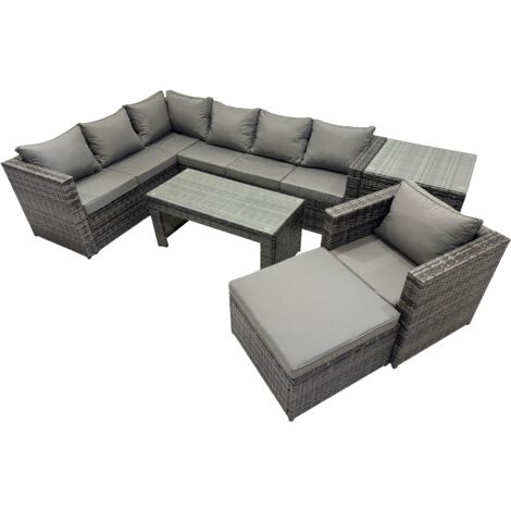 Fimous 6 Pieces Outdoor PE Rattan Garden Furniture Corner Sofa Oblong Coffee Table Set with Cushions Big Footstool Side Table Dark Grey Mixed