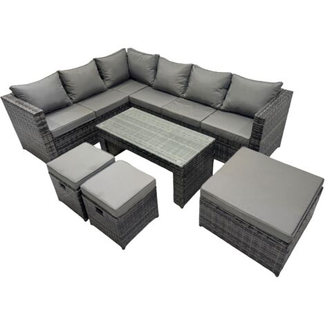 Fimous 6 Pieces Outdoor PE Rattan Garden Furniture Corner Sofa Set with Cushions 3 Footstools Dark Grey Mixed