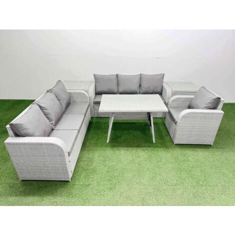 Fimous 6 Pieces Outdoor PE Rattan Garden Furniture with Cushions Reclining Chair 2 Side Tables Light Grey