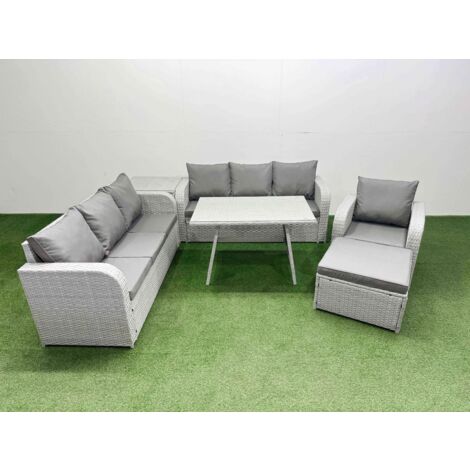 Fimous 6 Pieces Outdoor PE Rattan Garden Furniture with Cushions Reclining Chair Side Table Big Stool Light Grey