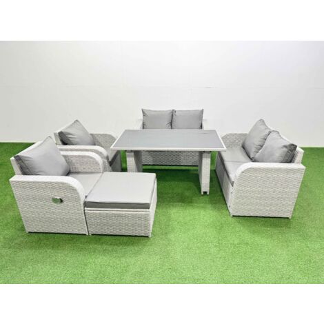 Fimous 6 Pieces Outdoor PE Rattan Sofa Reclining Chair Set Patio Garden Furniture Sets with Cushions Big Stool Light Grey