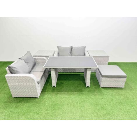 Fimous 6 Pieces Outdoor PE Rattan Sofa Set Patio Garden Furniture Sets with Cushions 2 Side Tables Big Stool Light Grey