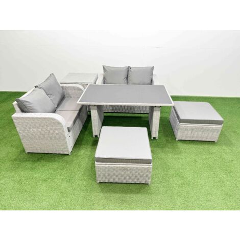 Fimous 6 Pieces Outdoor PE Rattan Sofa Set Patio Garden Furniture Sets with Cushions Side Table 2 Big Stools Light Grey