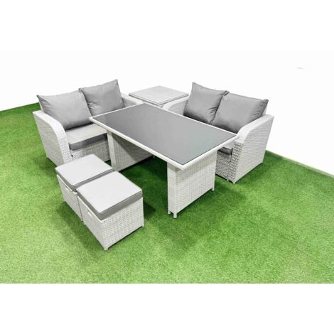 Fimous 6 Pieces Outdoor PE Rattan Sofa Set Patio Garden Furniture Sets with Cushions Side Table 2 Small Stools Light Grey