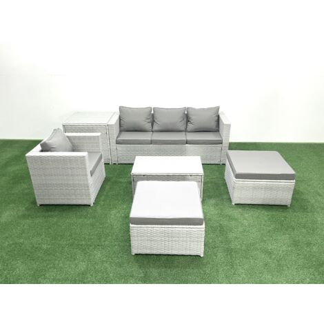 Fimous 6 Pieces Rattan Garden Furniture Set Outdoor Garden Sofa Chair Coffee Table Set with Side Table 2 Big Footstools Light Grey Mixed
